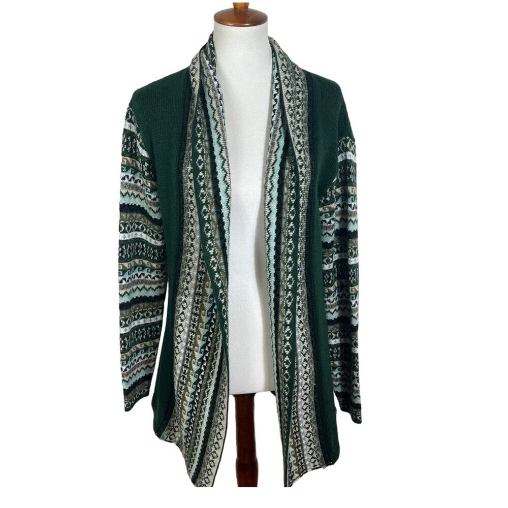 Peruvian Alpaca Open Cardigan Green Fair Isle Patterned Sweater Size L